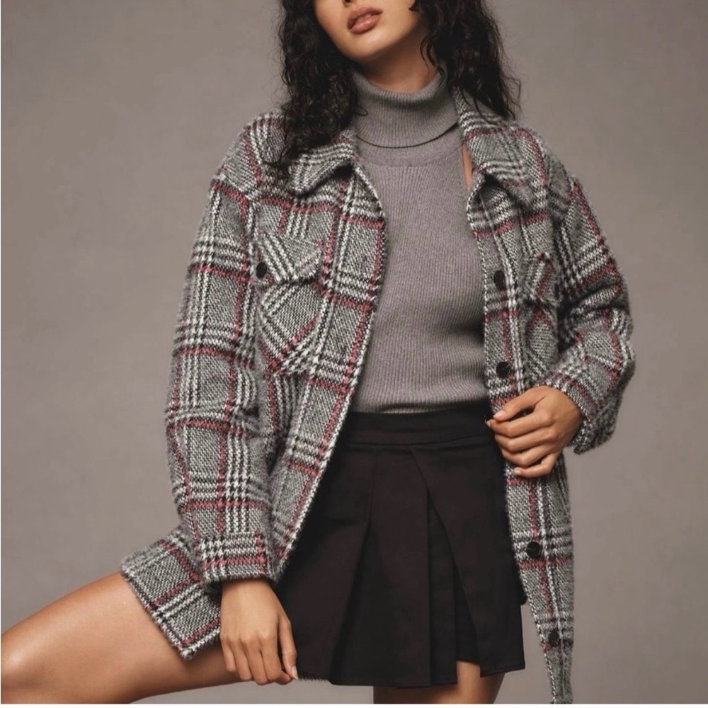 Anthropologie Greylin Gray and Burgundy Plaid Shacket